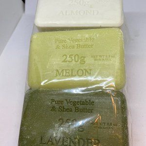 French  Pure Vegetable and Shea butter soap set of 3 Almond, Lavender, and Melon